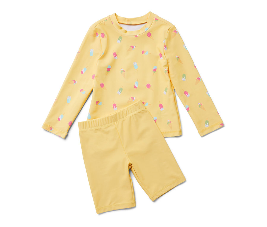 Sárga gyerek együttes 80-as fényvédő faktorral, fagylalt mintával.