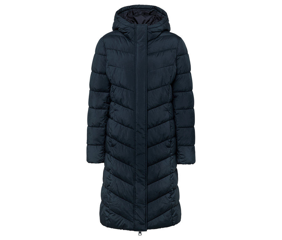 Sötétkék, steppelt, kapucnis kabát.