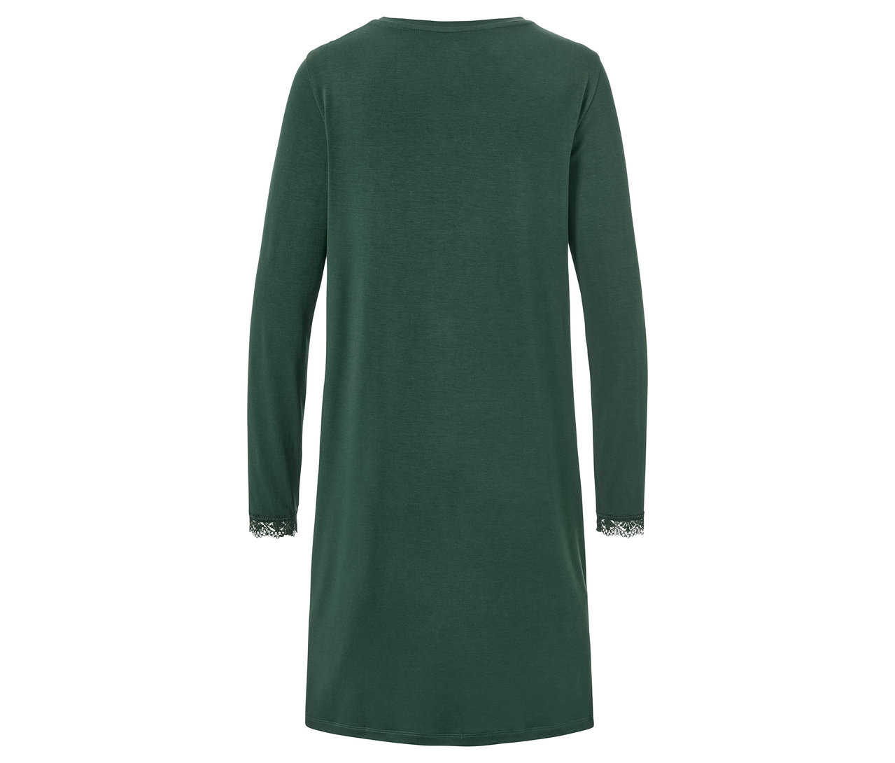 Hátulnézet egy zöld, hosszú ujjú hálóingről, csipkés mandzsettákkal.