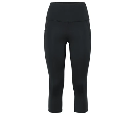 Fekete, térdig érő sportleggings oldalzsebekkel.