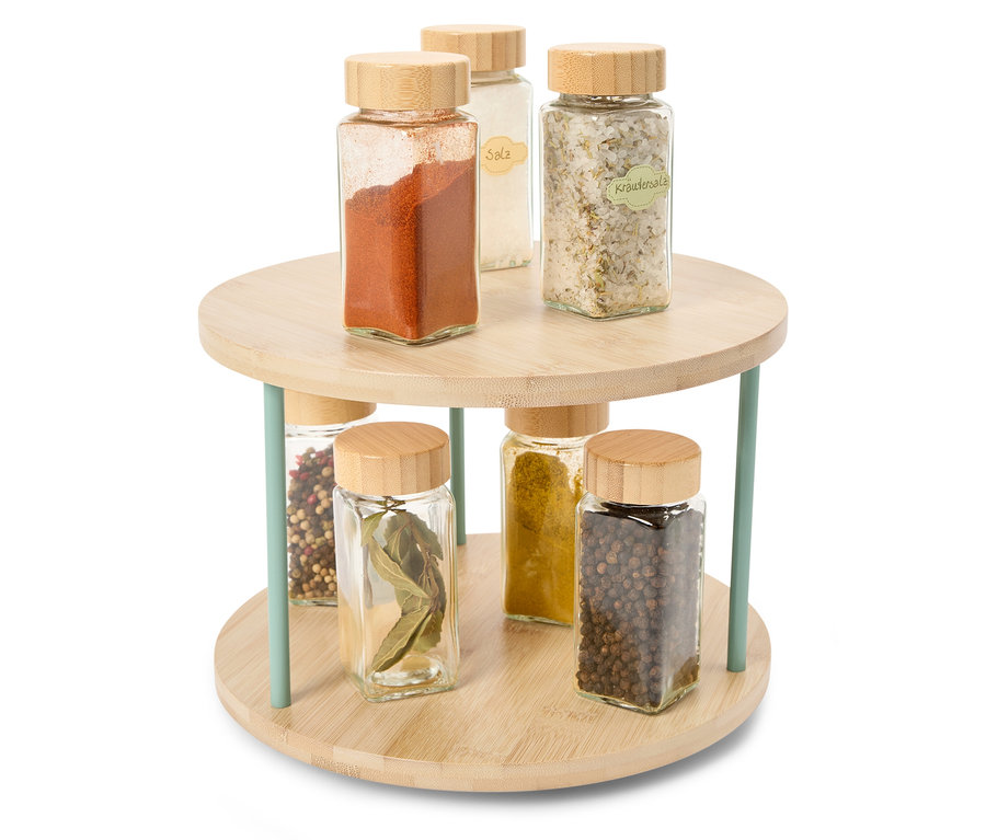Forgó fa állvány hat üveg fűszertartóval, fa fedőkkel.