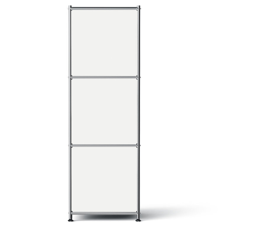 Ezüstszínű polc három fehér polccal.