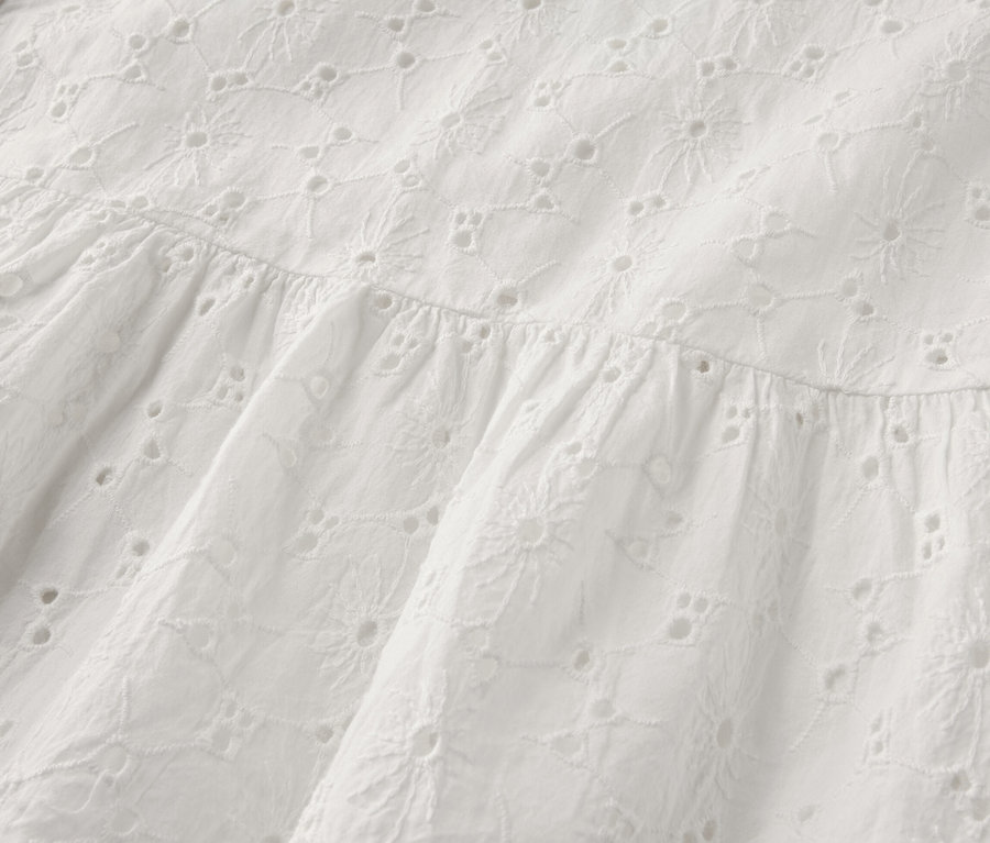 Egy fehér, lyukhímzéses női blúzruha részlete.