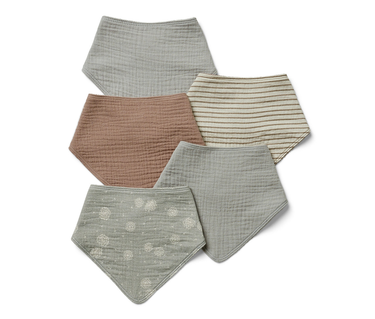 Öt különböző színű és mintázatú muszlin kendő kisgyerekeknek.