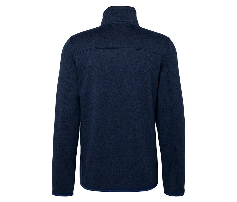 Sötétkék, rövid cipzáras, hosszú ujjú polár pulóver hátulnézetből.