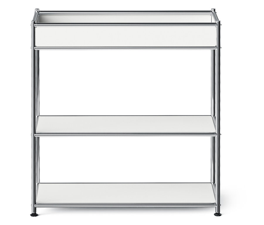 Háromszintes polc fehér polcokkal és króm vázzal.