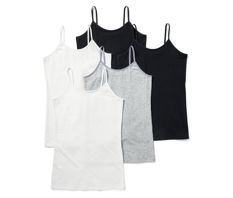 Öt trikó fehér, szürke és fekete színben. A trikók vékony pántokkal rendelkeznek.