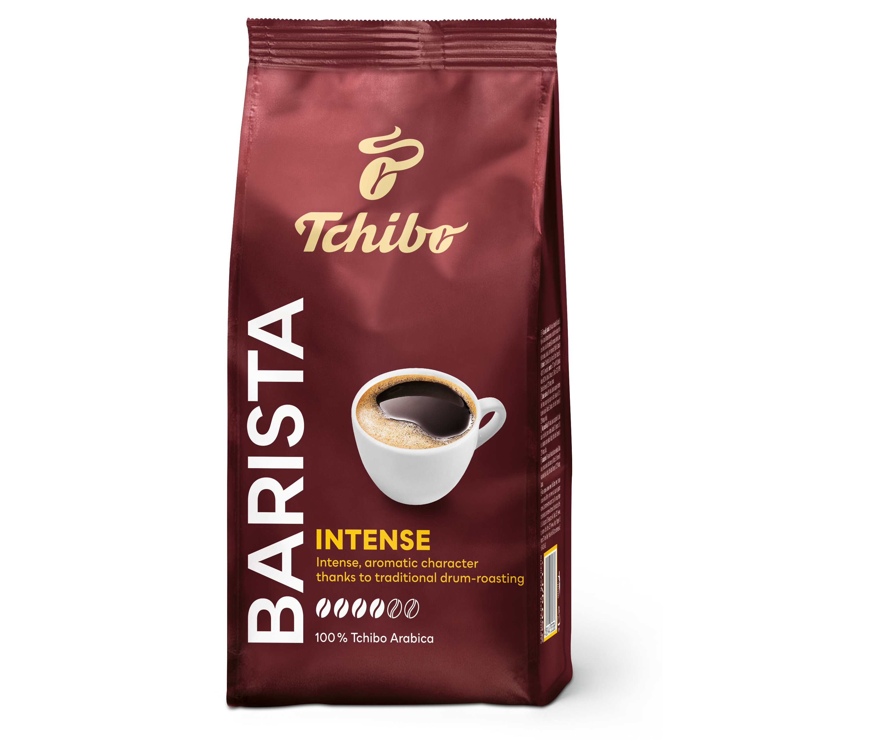 Egy csomag Tchibo Barista Intense 250g őrölt kávé. A csomagoláson egy csésze kávé látható.