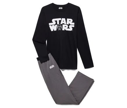 Fekete-szürke Star Wars pizsama hosszú ujjú felsővel és nadrággal fehér háttéren.