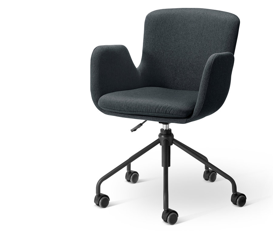 Antracit színű íróasztal szék karfával és fekete görgős lábbal.
