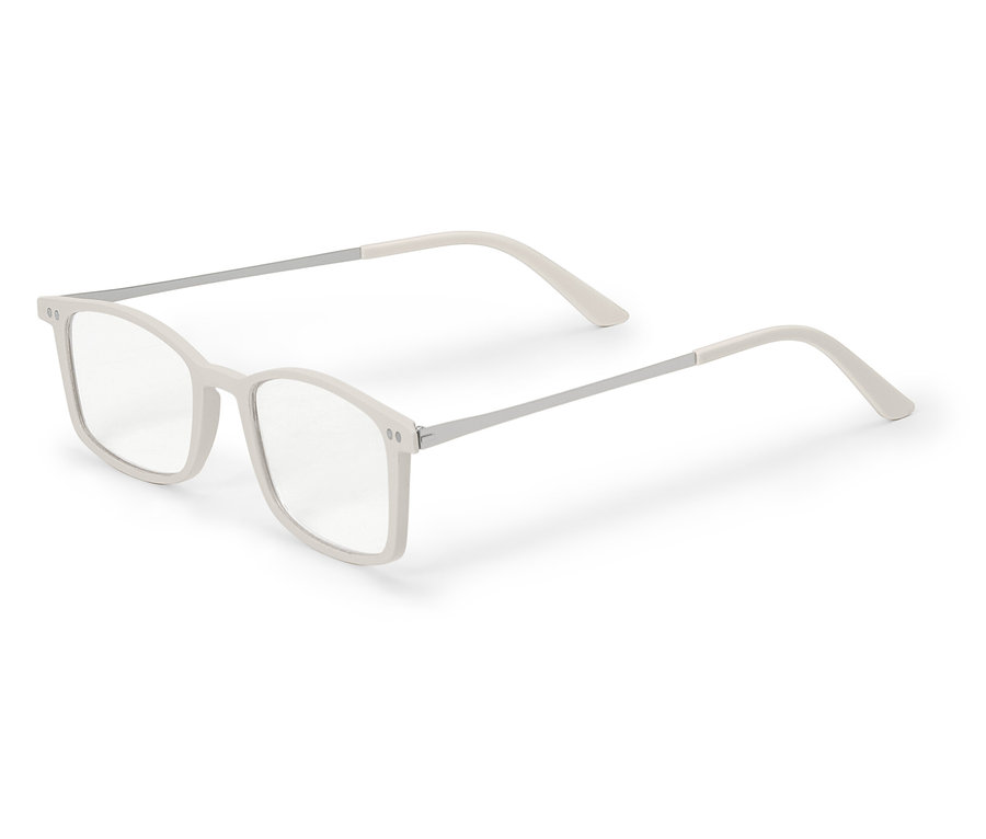 Fehér keretes, négyszögletes lencséjű szemüveg fehér háttéren.