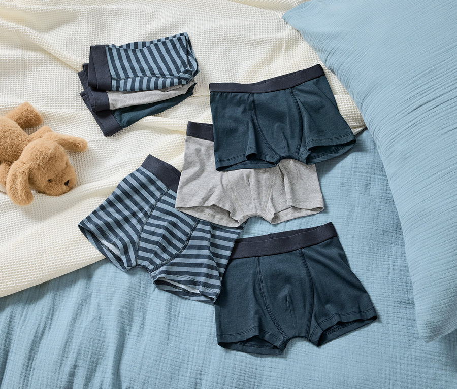 Egy világoskék takarón egy barna plüsskutya fekszik egy csíkoshátú és sima fiú boxeralsó halom mellett.