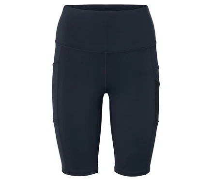 Fekete, térdig érő leggings magas derékkal és zsebekkel a combokon.