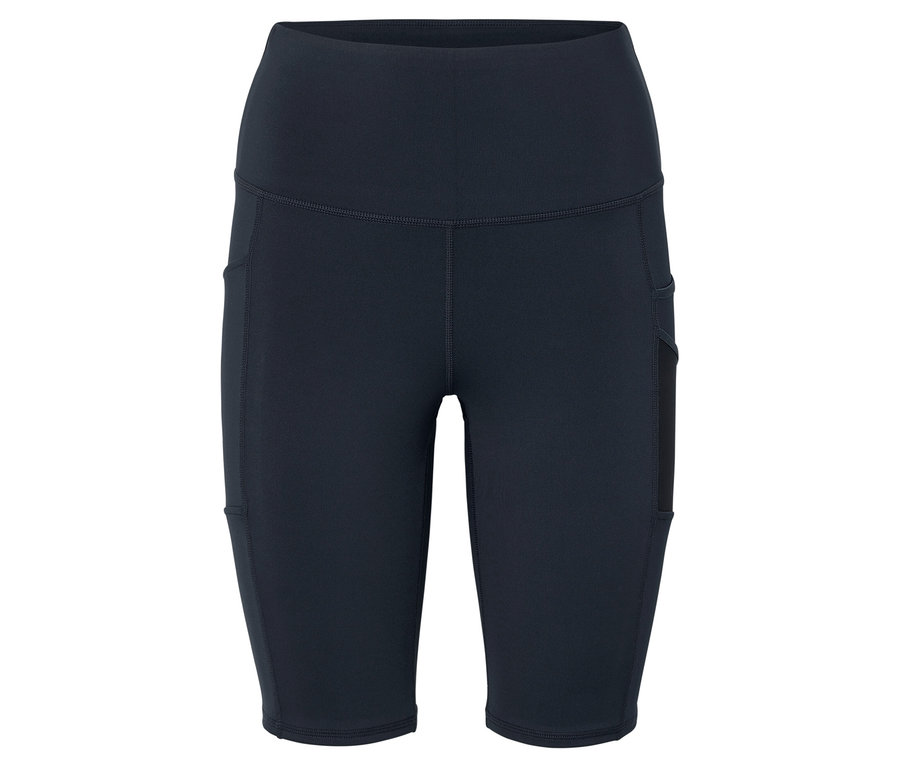 Fekete, térdig érő leggings magas derékkal és zsebekkel a combokon.