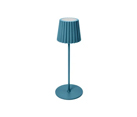 Egy kék LED-es akkumulátoros kültéri asztali lámpa.