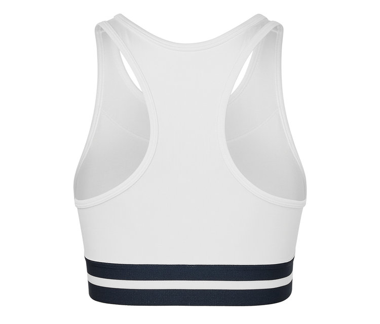Egy fehér »Crop Top« sportmelltartó részletgazdag hátulnézete.