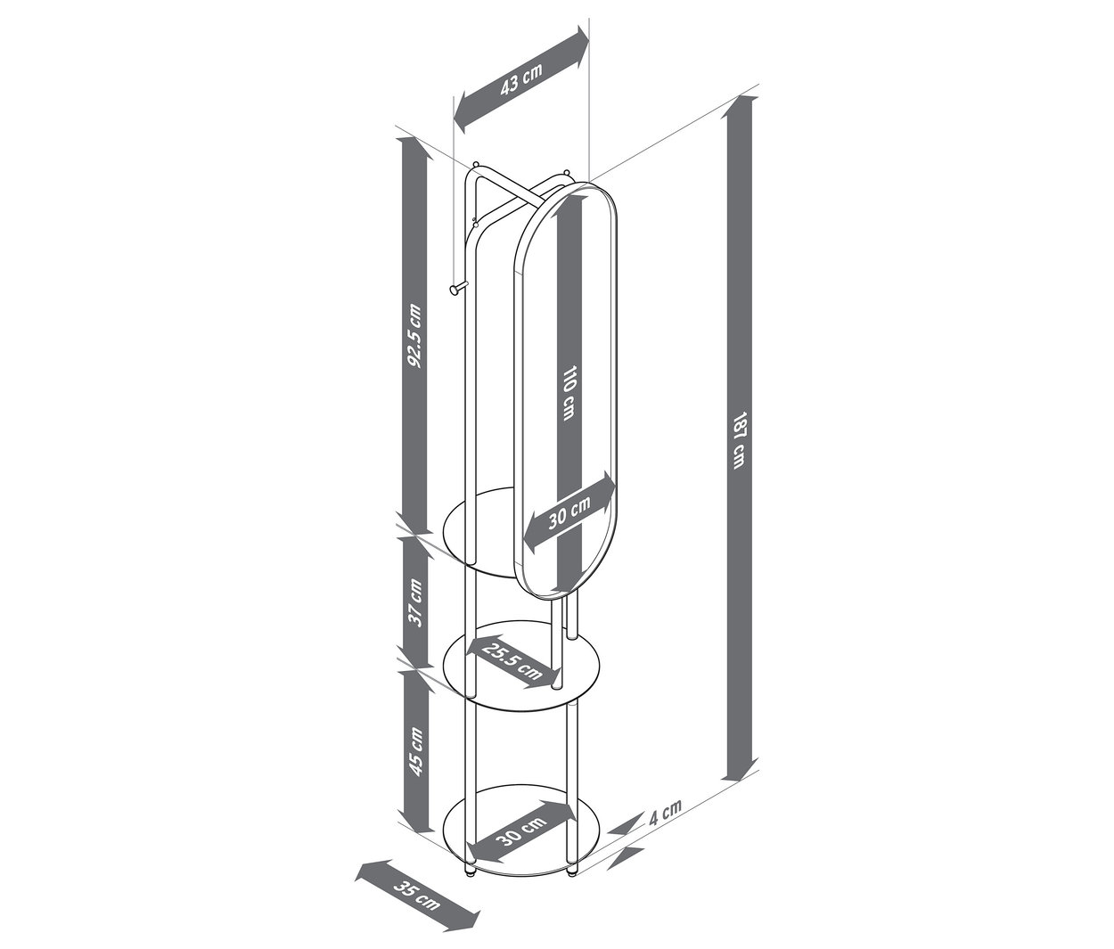 Felülnézet egy állófogasról nagy tükörrel és méretekkel.