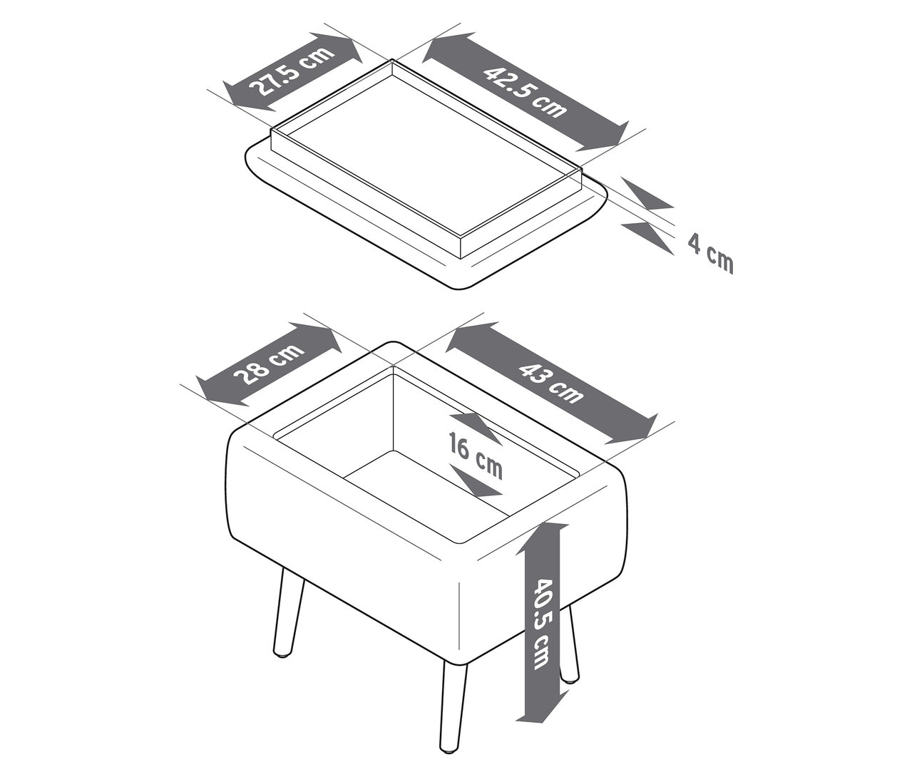 Felülnézet és oldalnézet egy tárolóhellyel rendelkező ülőkéről, méretekkel.