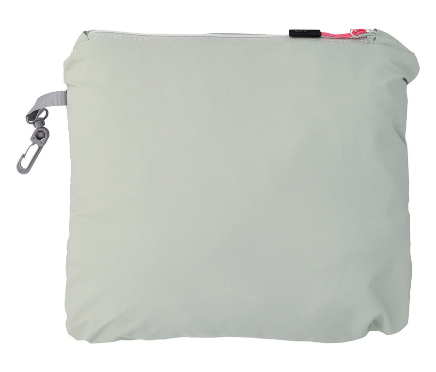 Világoszöld, téglalap alakú hordtáska ezüst cipzárral és karabinerrel.