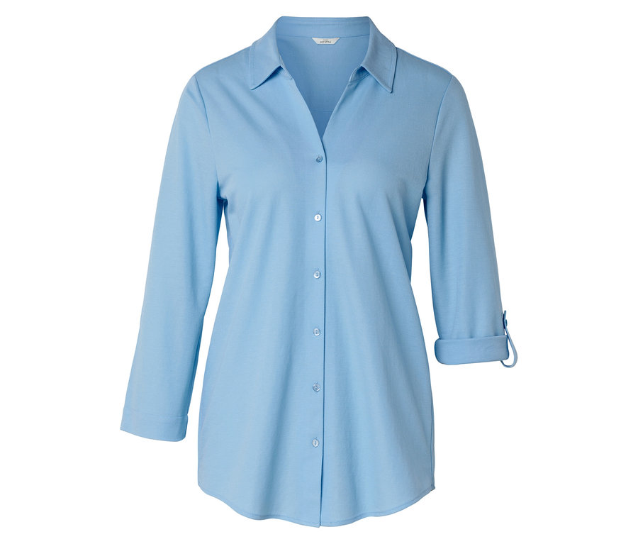 Világoskék, hosszú ujjú, elöl gombos, galléros ing.