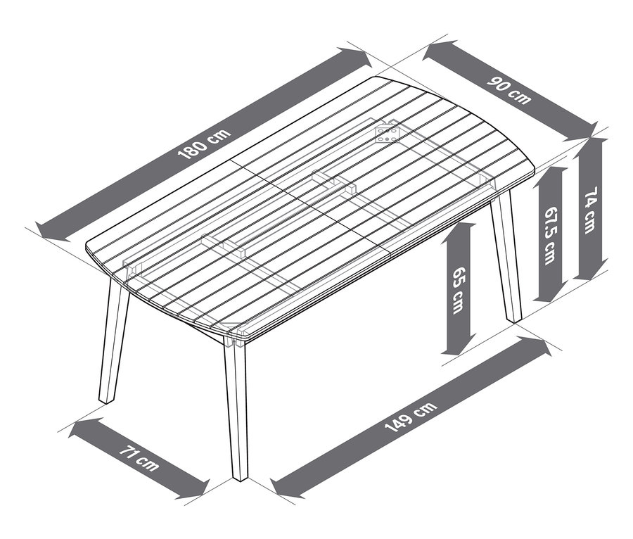 Felülnézet egy kihúzható kerti asztalról lekerekített előlapokkal, kb. 180-240 cm, méretekkel.