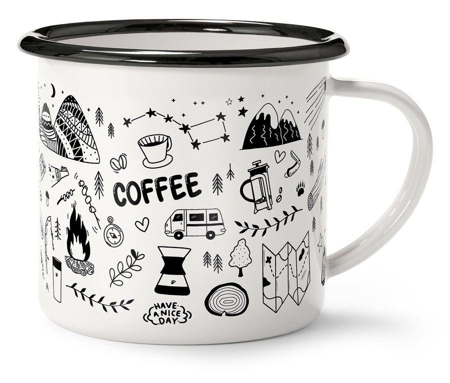 Fehér bögre fekete szegéllyel és füllel, fekete kültéri motívumokkal és a "Coffee" szóval díszítve.