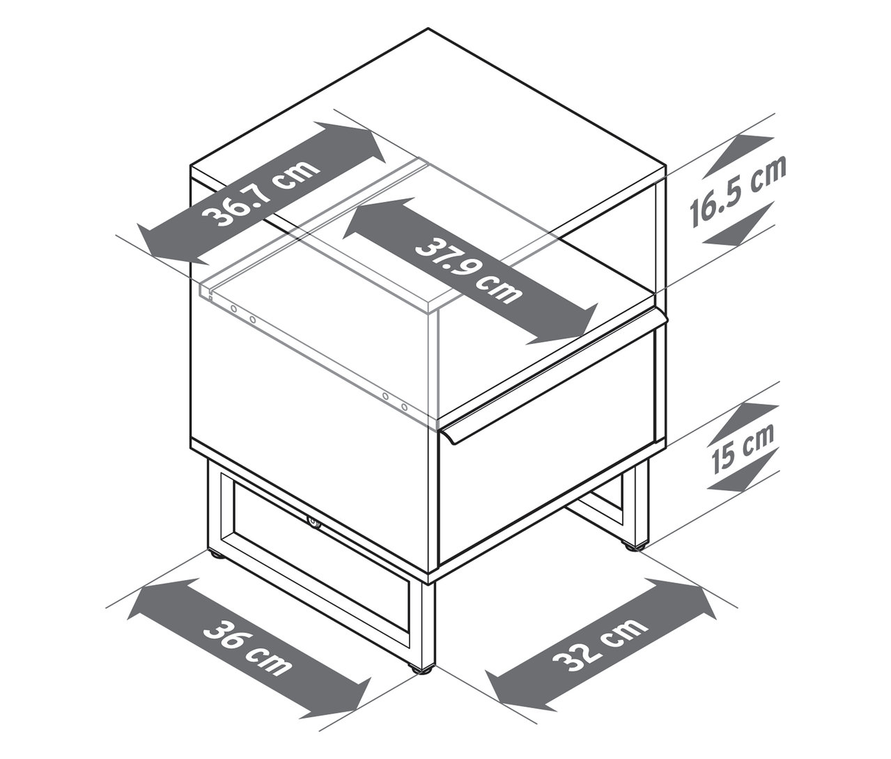 Felülnézet egy »LEEG« éjjeliszekrény műszaki rajzáról, 1 fiókkal, méretekkel együtt.