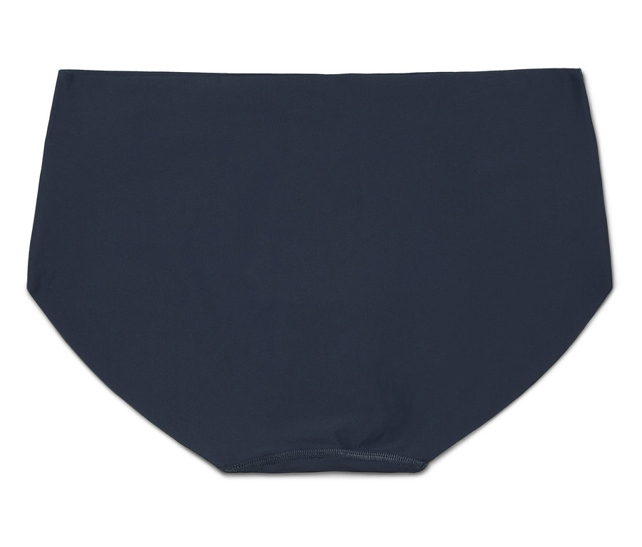 Sötétkék, magas derekú alsónemű fehér háttérrel.