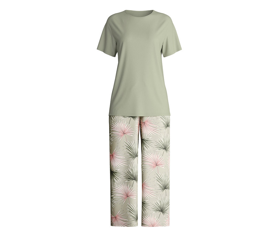 A Calida »Leaf Dreams« 7/8-os pizsama olívazöld pólóból és pálmamintás hosszú nadrágból áll.