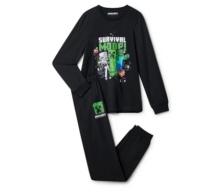 Fekete Minecraft pizsama „Túlélő mód!” felirattal, Creeper, Zombi és Csontváz grafikával.