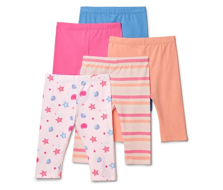 Öt leggings van egymásra helyezve, köztük egy tengeri csillag és kagyló mintás, egy csíkos és három egyszínű: kék, rózsaszín és narancssárga.