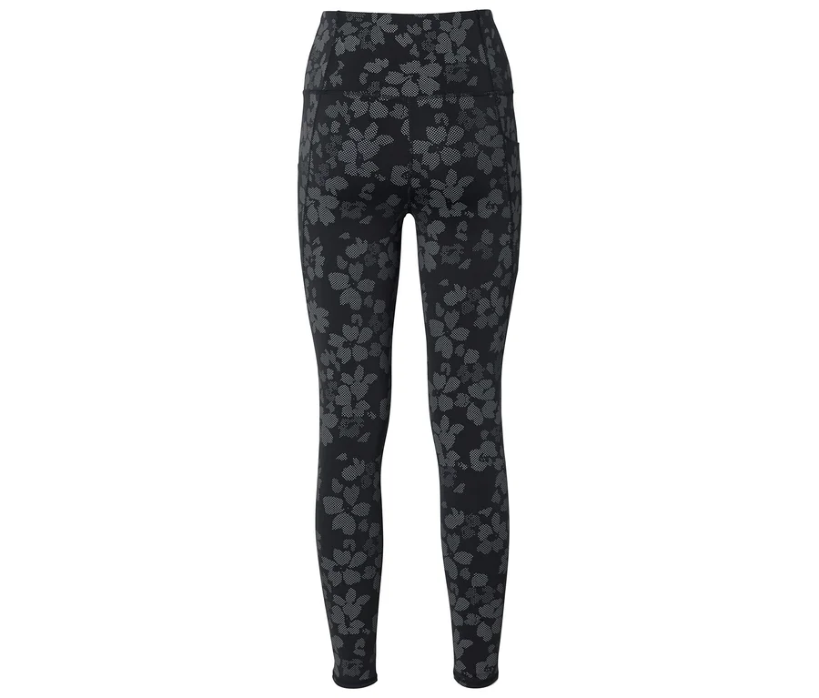 Szürke virágmintás fekete leggings hátulról fényképezve.