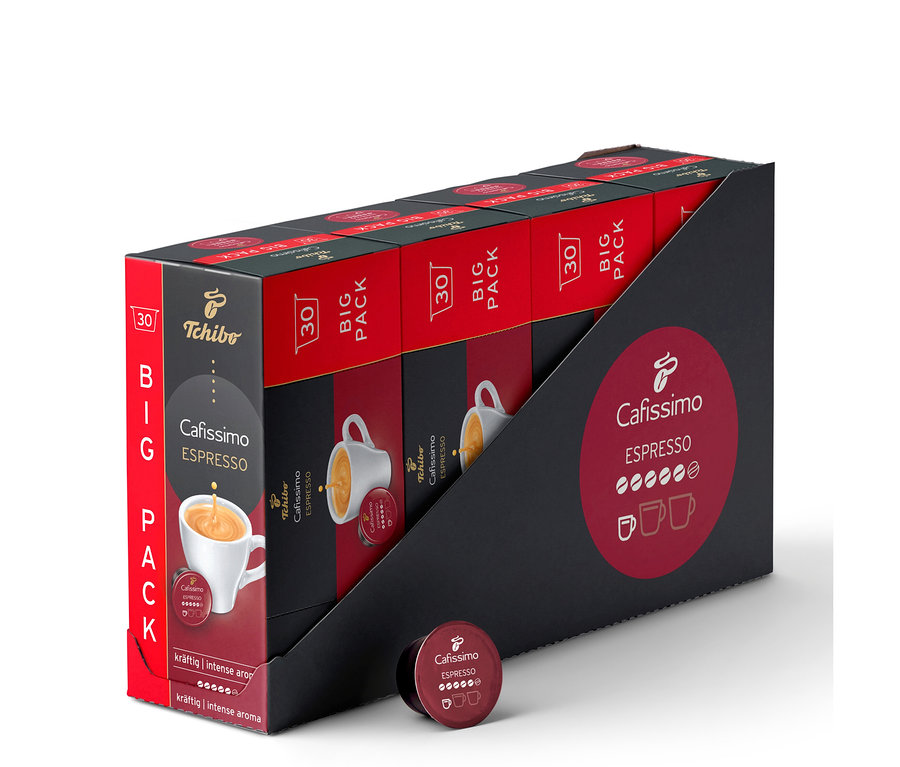 Fekete és piros állvány 120 Tchibo Cafissimo Espresso Intense kávékapszulával, egyetlen piros kapszulával előtte.