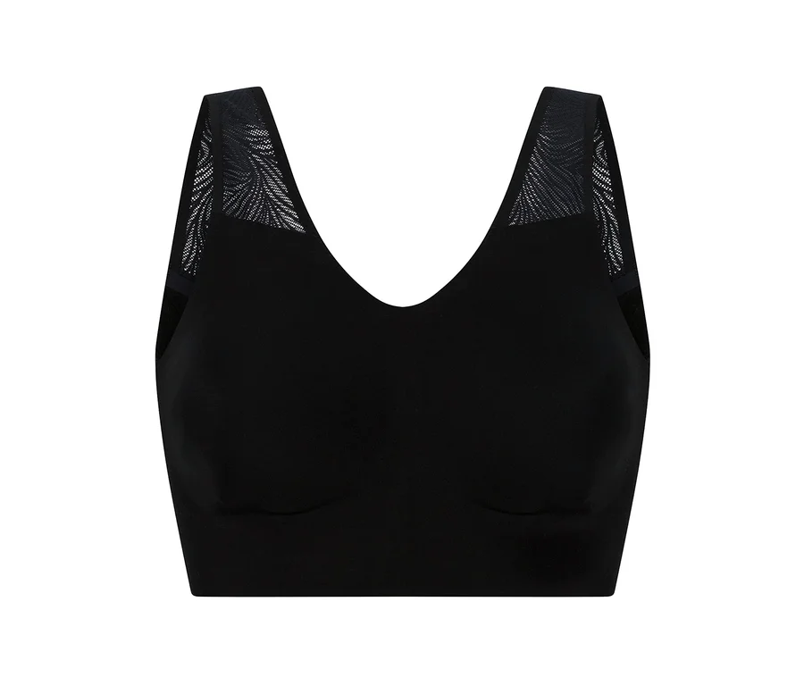 Fekete SCHIESSER csipkés bustier melltartó, V-nyakkivágással és mintás pántokkal.