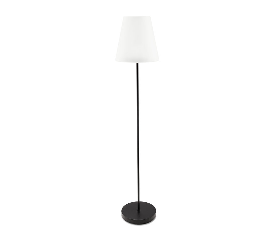 Fekete kültéri LED állólámpa fehér lámpabúrával.