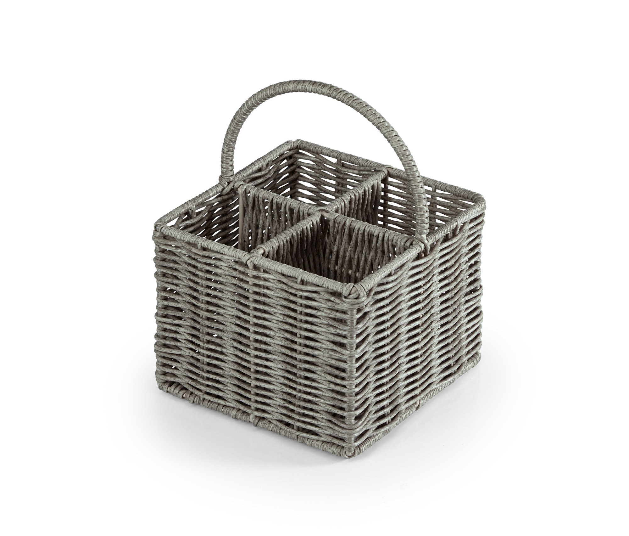 Szürke evőeszköztartó kosár négy rekesszel és fogantyúval.