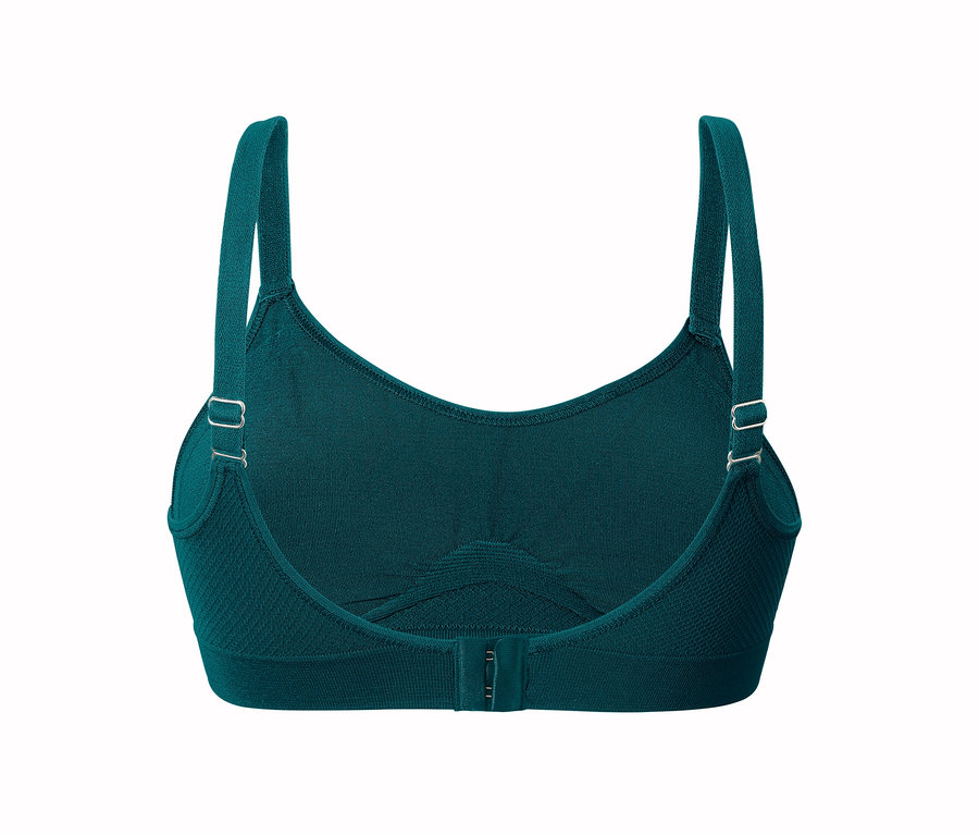 Egy smaragd színű női sportmelltartó hátulnézete.