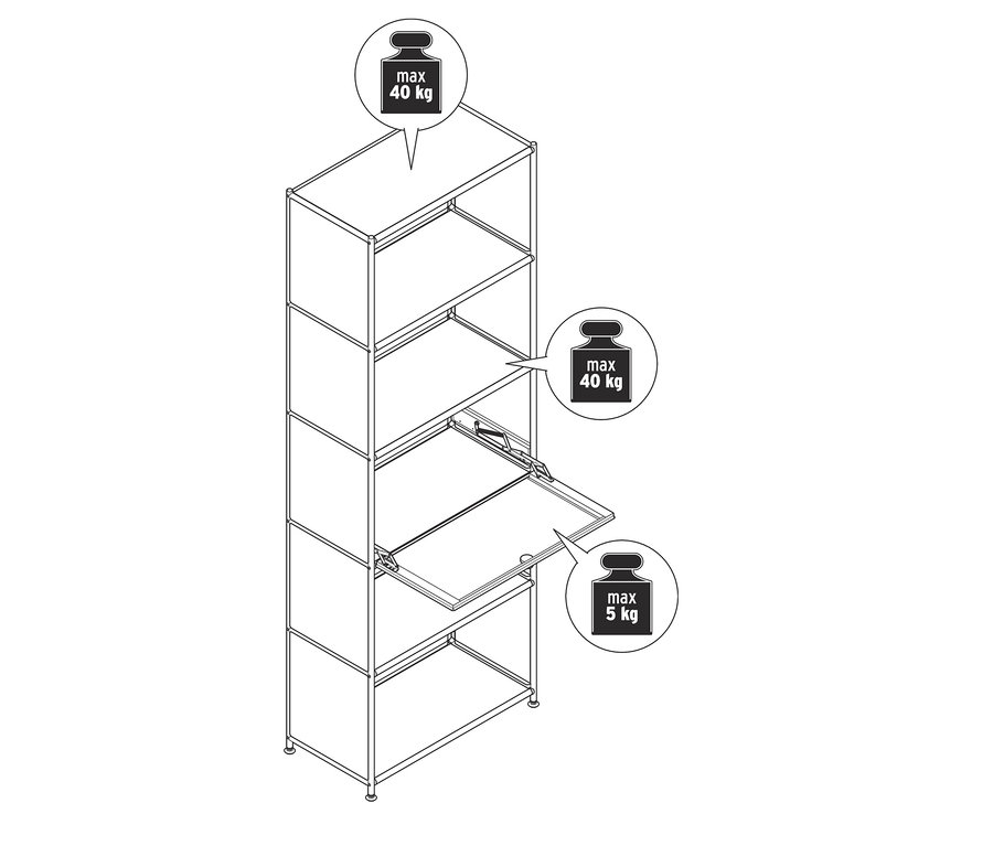 Egy magas fémpolc vonalrajza lenyíló ajtóval. A felső rekesz és a lenyíló ajtóval ellátott rekesz maximális terhelhetősége 40 kg, az alsó rekeszé 5 kg.