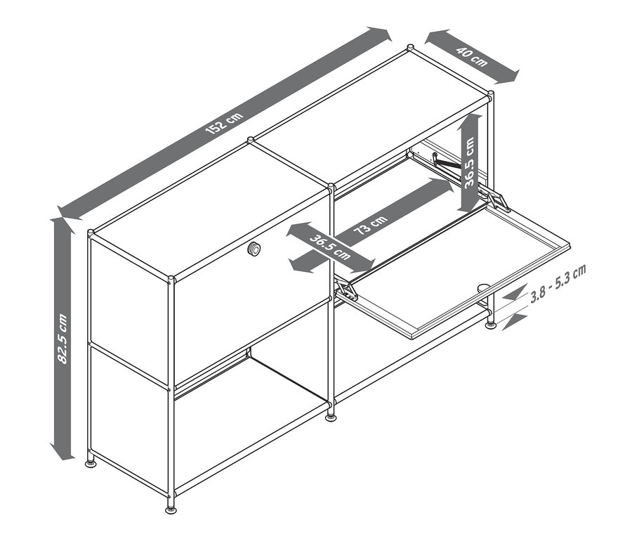 Egy fém polcos komód CN3 vázlata két lenyíló ajtóval és méretjelölésekkel.