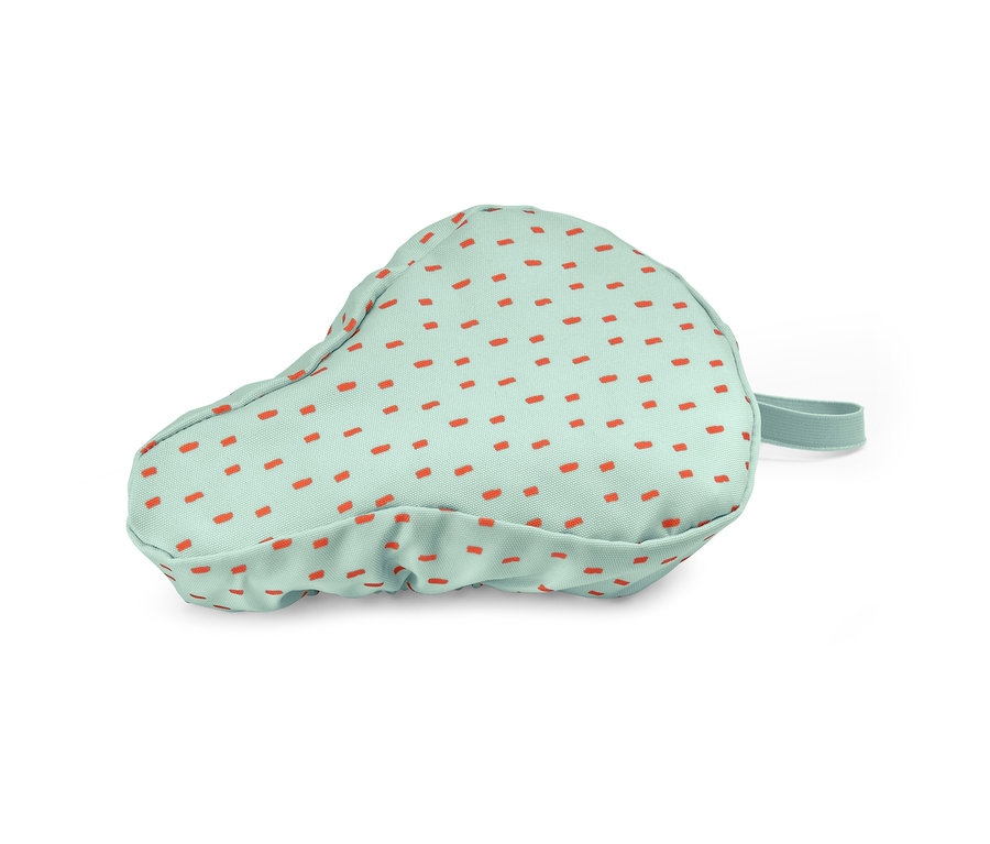 Gyerek kerékpáros üléshuzat, mintás, zöld alapon narancssárga pöttyökkel.