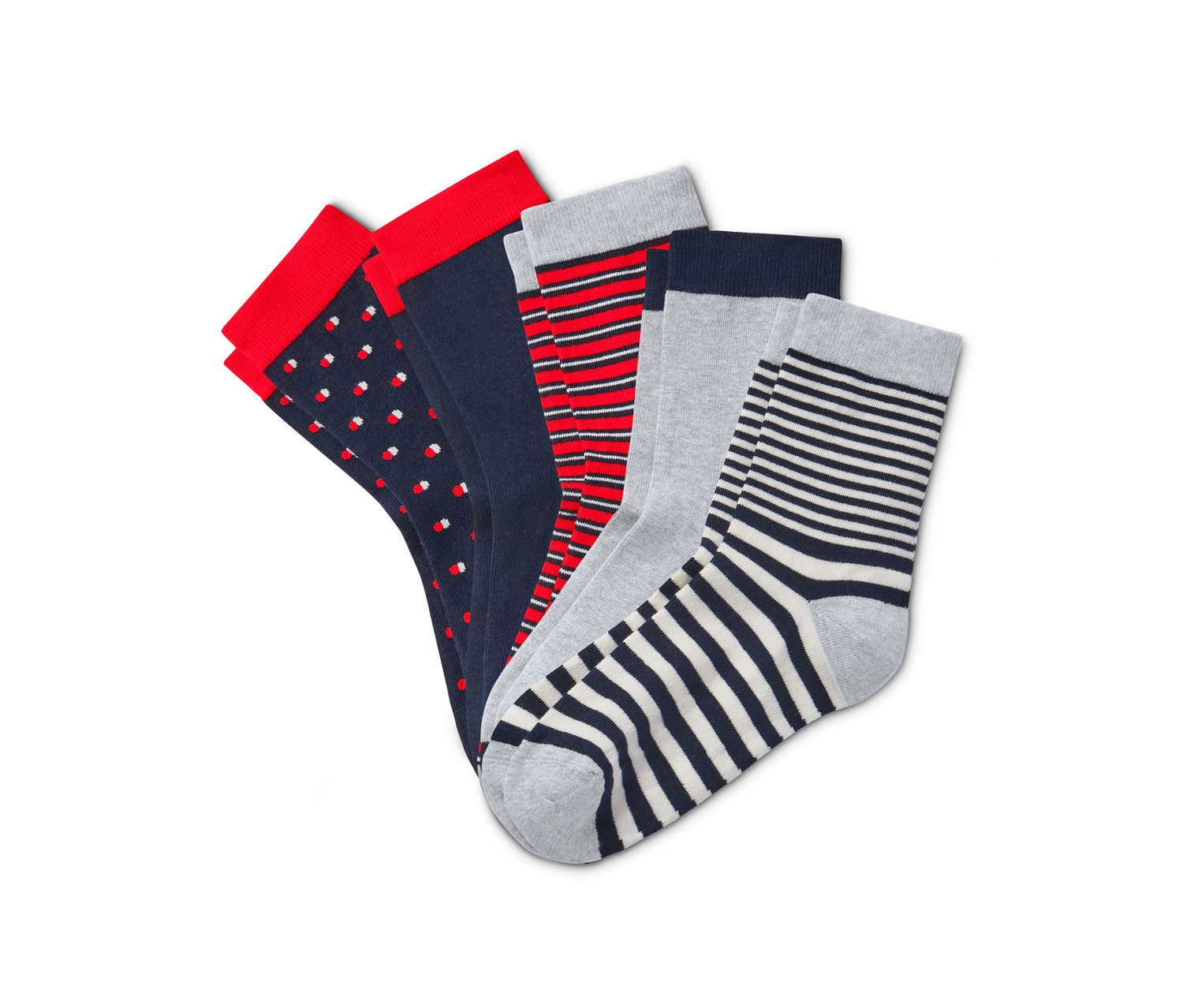 Öt pár zokni különböző színekben és mintákkal.