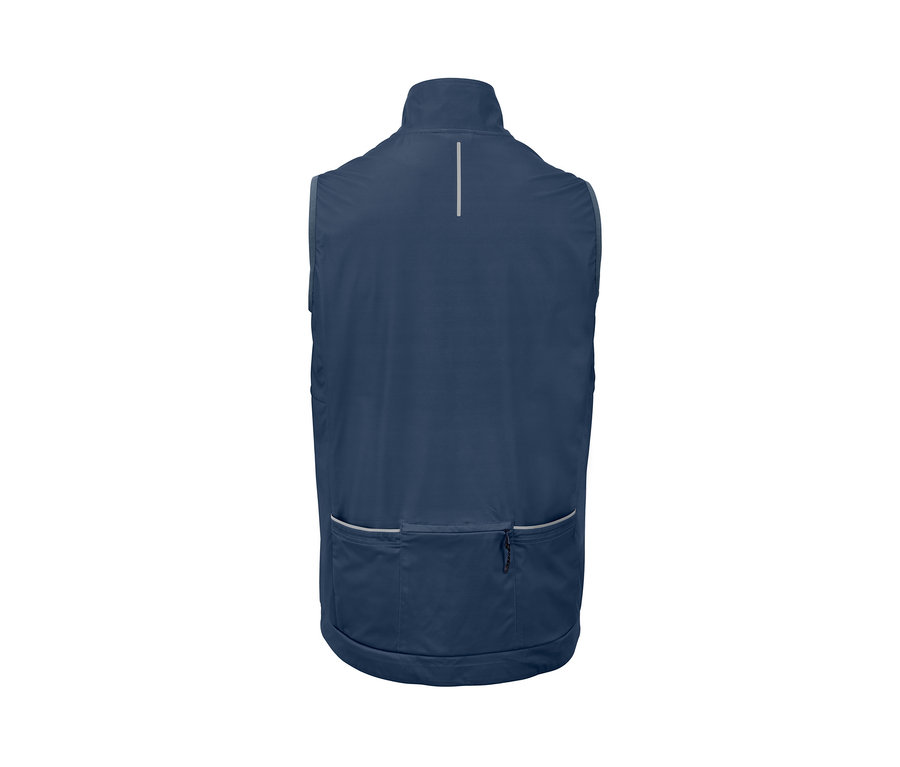 Hátulnézet egy sötétkék férfi kerékpáros mellényről.