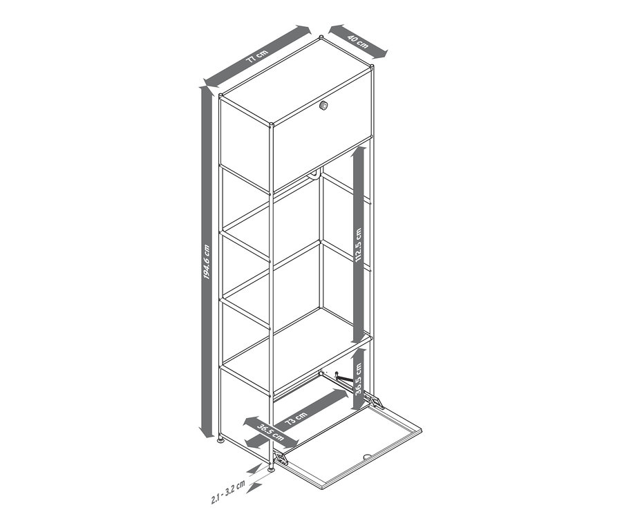 Egy fém nyitott ruhásszekrény rajza méretekkel.