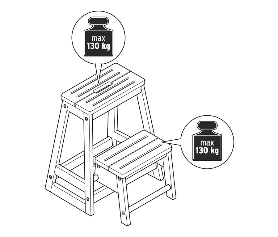 Vázlat egy fából készült, kétrészes, összecsukható fellépőről, maximum 130 kg-os terhelhetőséggel.