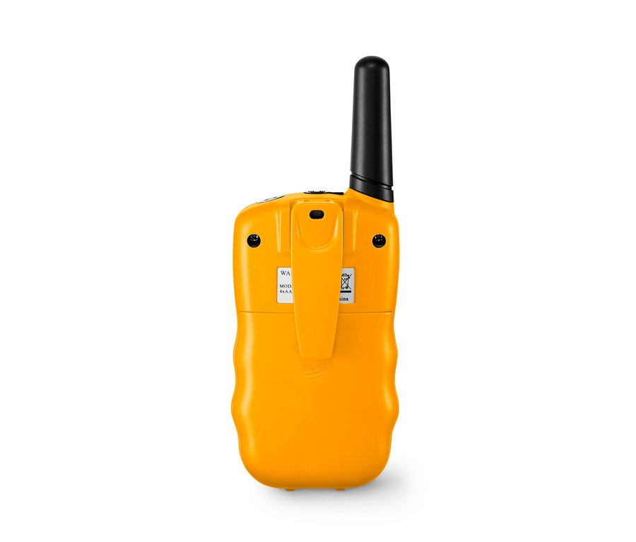 Egy sárga, 2 walkie-talkie gyerekeknek szett hátuljának részlete.