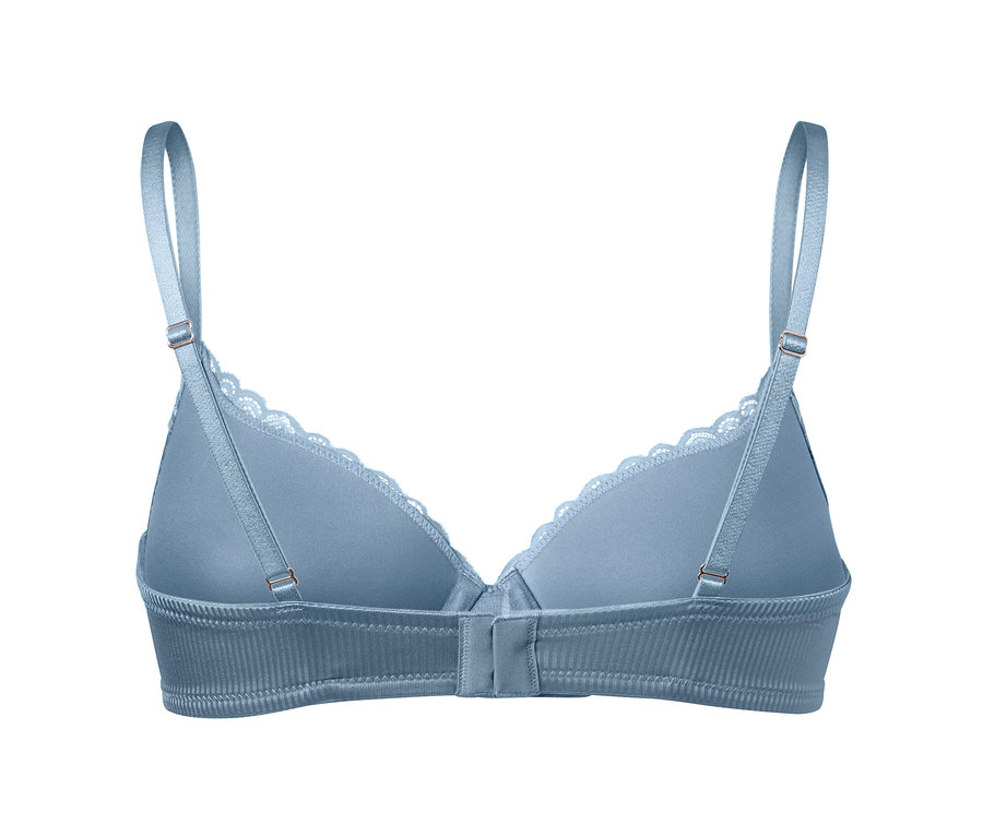 Világoskék, csipkés női kosaras melltartó hátulnézetből.