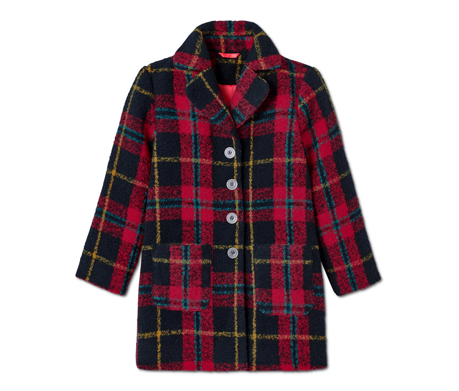 Kockás szövetkabát piros béléssel és gombokkal.