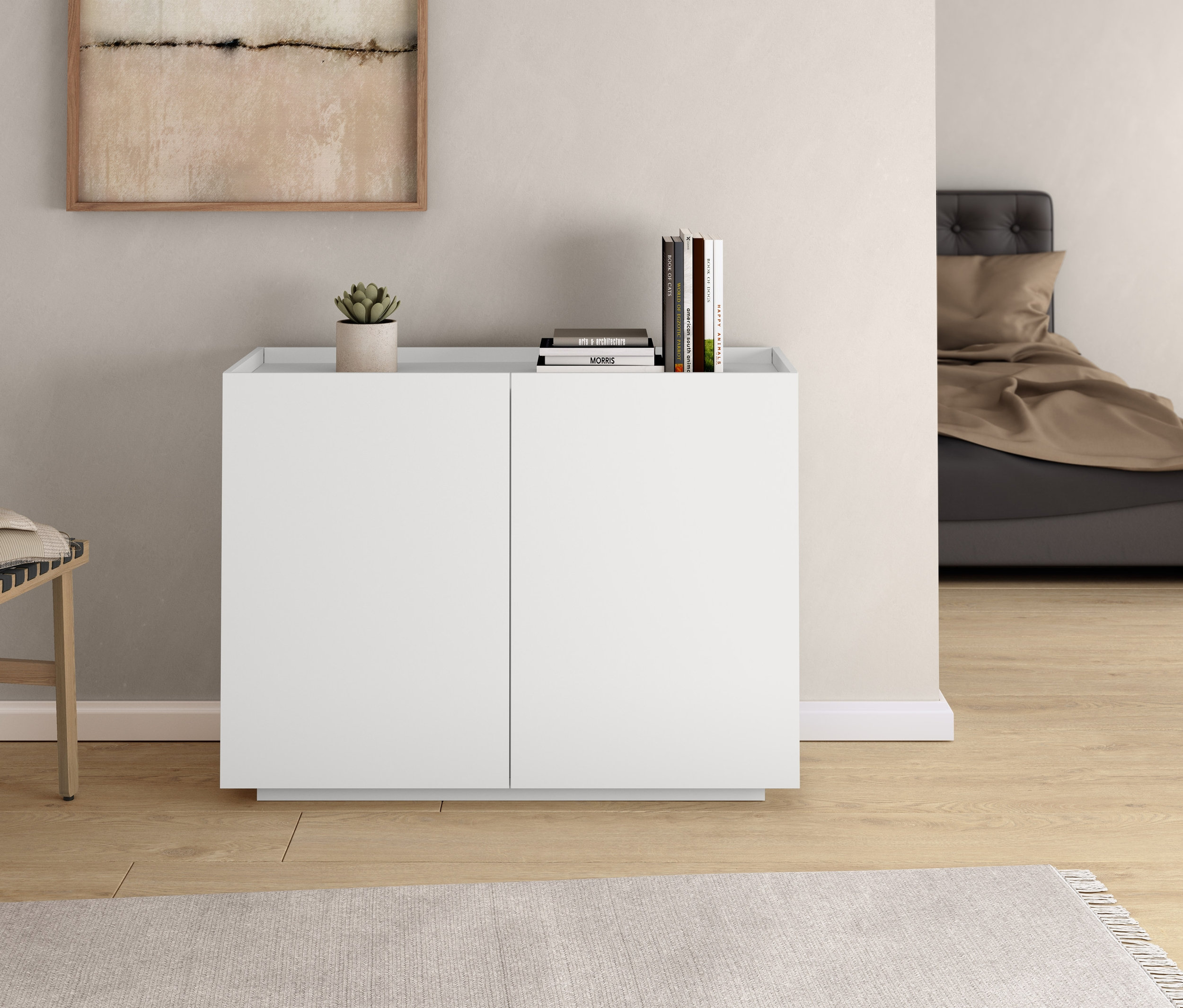 A szobában van egy fonott ülőke, egy szekrény és egy antracit boxspring ágy, kb. 180 x 200 cm.