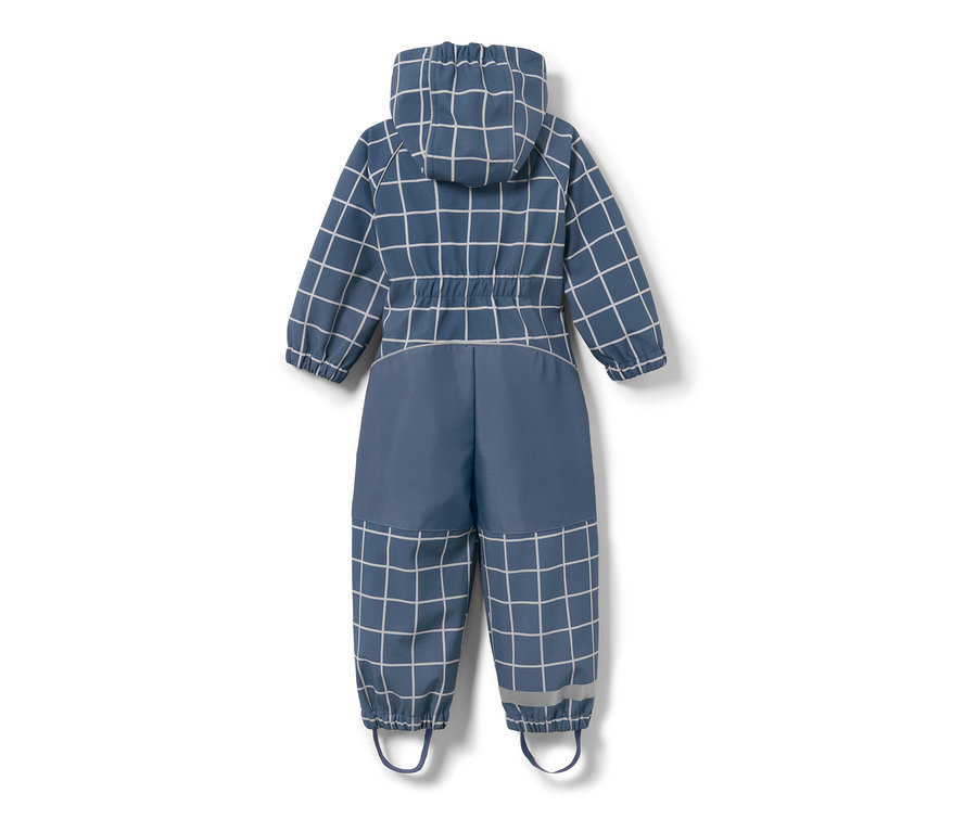 Kék, kockás mintájú softshell kezeslábas kisgyerekeknek.