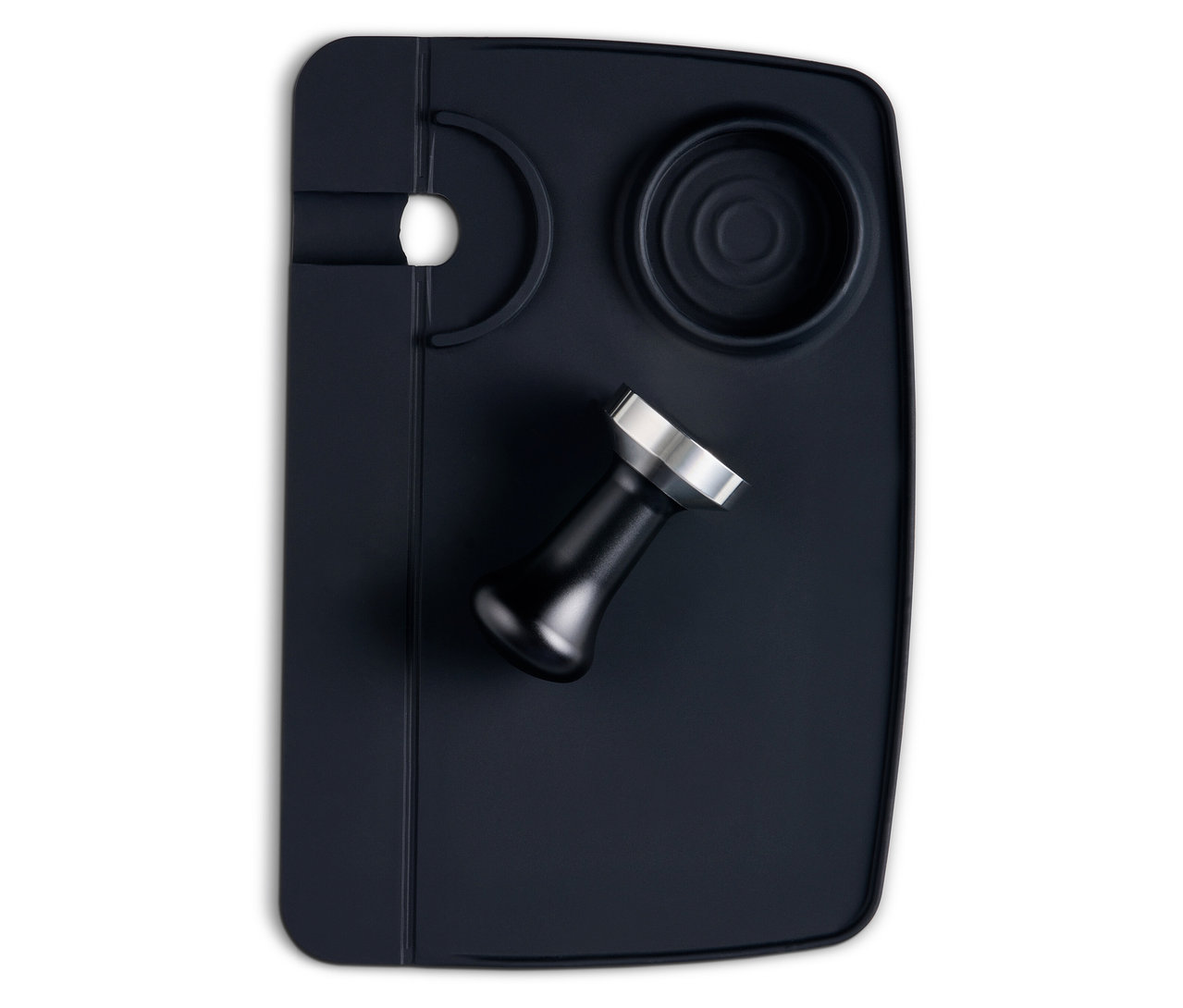 Fekete tamper pad kávé tamperrel.